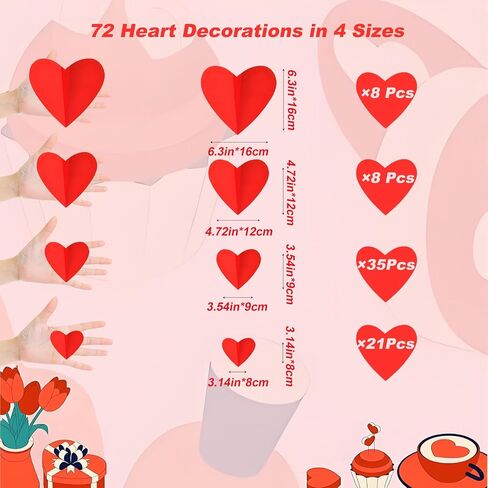 72 Pcs Valentine's Day Wall Decoration, 3D Heart Valentine Wall Stickers, Waterproof Wall Decals, for Wedding Anniversary Party Bedroom School Office Valentine's Day Decorations (Red) in Kuwait
