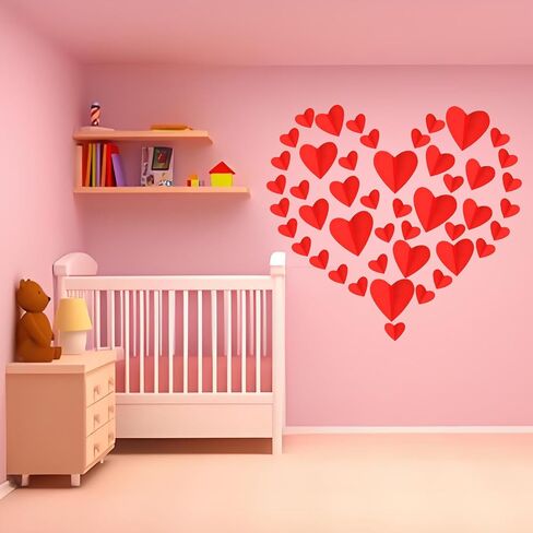 72 Pcs Valentine's Day Wall Decoration, 3D Heart Valentine Wall Stickers, Waterproof Wall Decals, for Wedding Anniversary Party Bedroom School Office Valentine's Day Decorations (Red) in Kuwait