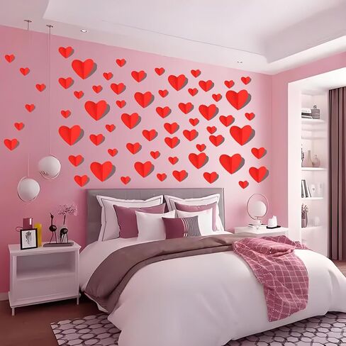 72 Pcs Valentine's Day Wall Decoration, 3D Heart Valentine Wall Stickers, Waterproof Wall Decals, for Wedding Anniversary Party Bedroom School Office Valentine's Day Decorations (Red) in Kuwait