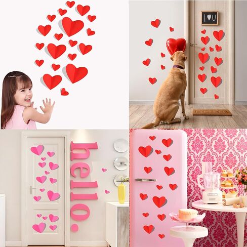 72 Pcs Valentine's Day Wall Decoration, 3D Heart Valentine Wall Stickers, Waterproof Wall Decals, for Wedding Anniversary Party Bedroom School Office Valentine's Day Decorations (Red) in Kuwait