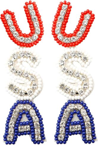 Sonateomber 4th of July Accessories USA Earrings for Women Long Red White Blue Beaded Rhinestone Seed Bead American Flag Patriotic Drop Dangle Independence Memorial Day Holiday Jewelry in Saudi Arabia