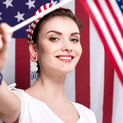 Sonateomber 4th of July Accessories USA Earrings for Women Long Red White Blue Beaded Rhinestone Seed Bead American Flag Patriotic Drop Dangle Independence Memorial Day Holiday Jewelry in Saudi Arabia