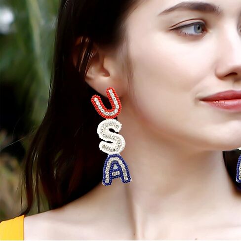 Sonateomber 4th of July Accessories USA Earrings for Women Long Red White Blue Beaded Rhinestone Seed Bead American Flag Patriotic Drop Dangle Independence Memorial Day Holiday Jewelry in Saudi Arabia