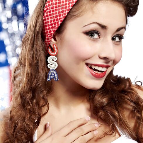 Sonateomber 4th of July Accessories USA Earrings for Women Long Red White Blue Beaded Rhinestone Seed Bead American Flag Patriotic Drop Dangle Independence Memorial Day Holiday Jewelry in Saudi Arabia