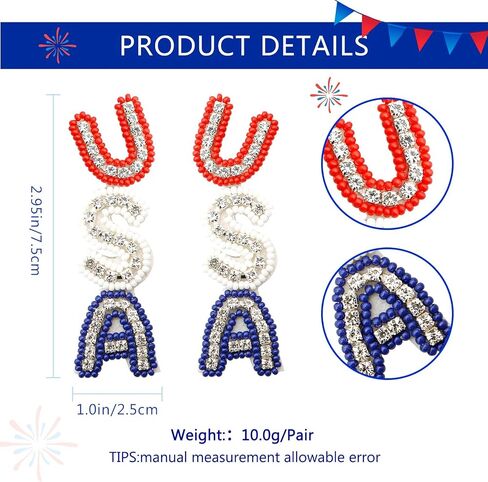 Sonateomber 4th of July Accessories USA Earrings for Women Long Red White Blue Beaded Rhinestone Seed Bead American Flag Patriotic Drop Dangle Independence Memorial Day Holiday Jewelry in Saudi Arabia