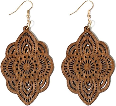 Bohemian Wood Earrings Natural Retro Lightweight Hollow Pattern Geometric Wooden Dangle Drop Earrings Statement Vintage Jewelry in Kuwait