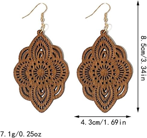 Bohemian Wood Earrings Natural Retro Lightweight Hollow Pattern Geometric Wooden Dangle Drop Earrings Statement Vintage Jewelry in Kuwait