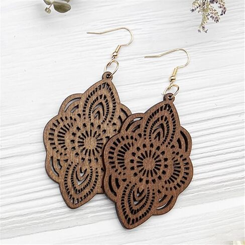 Bohemian Wood Earrings Natural Retro Lightweight Hollow Pattern Geometric Wooden Dangle Drop Earrings Statement Vintage Jewelry in Kuwait