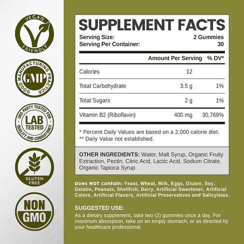 Vitamin B2 Gummies Riboflavin 400mg, B2 Vitamin Chewable Supplement for Migraine Relief, Vegan, Non GMO, Orange Flavor, 60 Count in Saudi Arabia