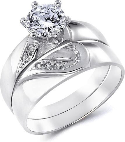 14k White Gold Solid Engagement Ring and Wedding Band 2 Piece Set - Size 7.5 in Saudi Arabia