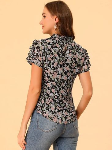 Allegra K Women's Summer Ruffled Neck Frill Trim Short Sleeve Chiffon Floral Blouse Tops in Kuwait
