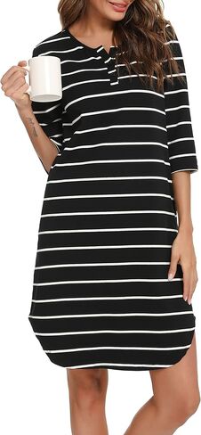 Vlazom Women’s Nightgowns Soft Cotton Stripe Nightdress Short Sleeve Night Shirt Sleepwear with Pockets S-XXL in Kuwait
