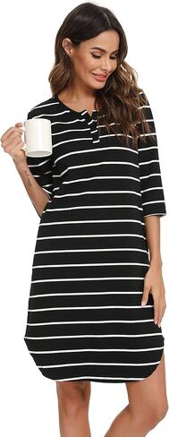 Vlazom Women’s Nightgowns Soft Cotton Stripe Nightdress Short Sleeve Night Shirt Sleepwear with Pockets S-XXL in Kuwait