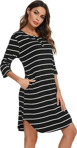 Vlazom Women’s Nightgowns Soft Cotton Stripe Nightdress Short Sleeve Night Shirt Sleepwear with Pockets S-XXL in Kuwait