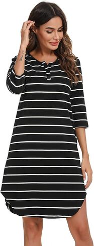Vlazom Women’s Nightgowns Soft Cotton Stripe Nightdress Short Sleeve Night Shirt Sleepwear with Pockets S-XXL in Kuwait