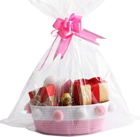 RengaoRise Small Pink Basket with Pompoms, 10.6" x 9.8" x 4.3" Oval Decorative Cute Cotton Rope Woven Baby Basket for Books, Pet Toy, Gifts, Desktop Shelf Storage Organizer in Kuwait