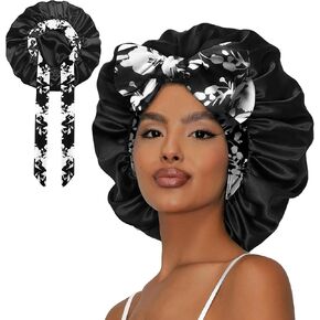 Double Layer Satin Bonnet with Tie Satin Lined Sleep Cap Hair Cover for Women's Curly Natural Hair