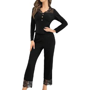 SweatyRocks Women's Contrast Lace V Neck Long Sleeve Top and Pants 2 Piece Pajama Set Sleepwear