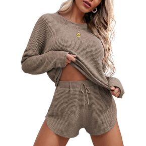 Ekouaer Womens Waffle Knit Pajama Sets Long Sleeve Top and Shorts Matching Lounge Set Loungewear Sweatsuit with Pockets