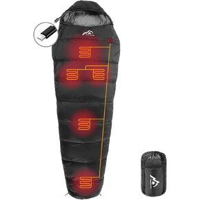 MANTUOLE Heated Sleeping Bag 5pcs Multi USB Power Support Heating Pads,Operated with Battery Power Bank or Other USB Power Supplies, Portable Compact Bag, Mummy Style.