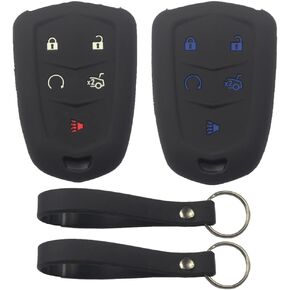 2Pcs Rubber Silicone 5 Buttons Smart Key Fob Cover Case Protector Keyless with Keychain Compatible with Cadillac ATS CTS XTS XT4 XT5 XT6 CT6 Black Gray