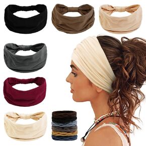 6 Packs Wide Headbands for Women Non Slip with 6PCS Hair Ties, Soft Head Bands for Women’s Hair Yoga Workout Gym Bandanas Head Scarf Thick Knotted Cloth Fabric African Womens Hair Accessories
