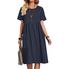 utcoco Womens Summer Cotton Linen T Shirt Dress Casual Loose Fit Crewneck Short Sleeve Midi Dresses with Pockets