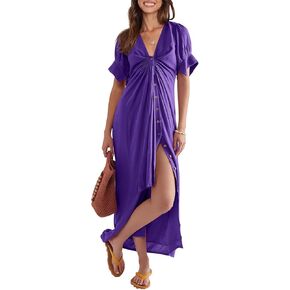 OWNGIGI Women's Maxi Dress Causal Wrap V-Neck Boutton Slit Puff Short Sleeve Beach Party A Line Boho Long Dresses