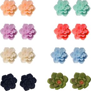 Cute 8 Pairs Coral Rose Flower Earring Studs Set for Women Vintage Assorted Colors Resin Camellia Earrings Boho Tiny Flower Vacation Earrings Studs Jewelry Gifts