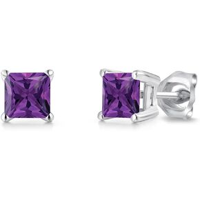 Gem Stone King 14K White Gold 5MM Princess Gemstone Birthstone Stud Earrings | Double Notch | Gold Earrings For Women Men