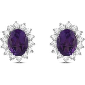 Jewelili Sterling Silver 8x6 MM Oval Created Amethyst with Created Round White Sapphire Halo Stud Earrings