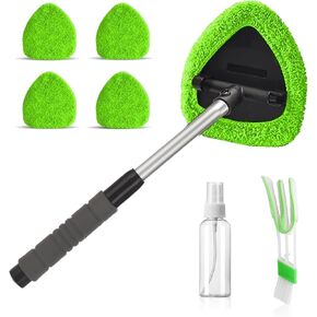 Windshield Cleaner Tool, Extendable Handle Car Window Cleaner with 4Pcs Reusable Microfiber Pads Auto Inside Glass Cleaning Tools Interior Wiper Cleaning Kit for Truck SUV RV and Home - Green