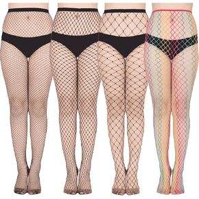 Women’s Fishnet Pantyhose - 4 Pairs, Black & Rainbow, Durable Nylon-Spandex Blend with Reinforced Toe, High-Waist Stretchy Fishnet Tights for Parties, Cosplay, Everyday Wear