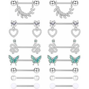 Besteel 7 Pairs Nipple Piercing Jewelry Stainless Surgical Steel Nipple Rings Set Cute CZ Ball Heart Butterfly Snake Tongue Belly Barbell Body Jewelry for Women 14G
