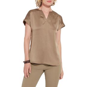 Lyssé Coraline V Neck Top – Short Sleeve Blouse and Flowy Tops for Women with Silk-Touch Satin Fabric
