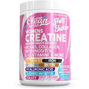 Creatine for Women | Creatine Monohydrate + BCAA Powder Myo-Inositol Collagen Biotin Hyaluronic Acid Folate L Glutamine Vitamin D3 Iron Zinc D-Chiro-Maca Digestion Shelf Builder by Clean Nutra