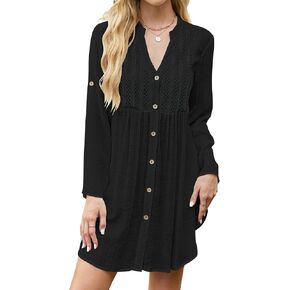 Bsubseach Womens Beach Cover Ups V Neck Button Down Swimsuit Coverup 2025 Summer Lace Splicing Shirt Dresses