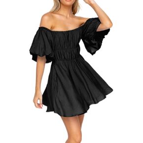R.Vivimos Summer Dress for Women Short Puff Sleeve Boho Off The Shoulder Casual Smocked Swing Mini Dress