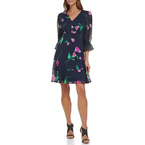 DKNY womens V-neck Balloon Sleeve Dress With Ruffle Hem