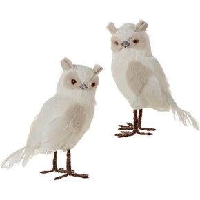 White Winter Owl Figurines, Set of 2 Assorted Designs, Winter Themed Décor, Freestanding Holiday Decoration, 8.5 Inches