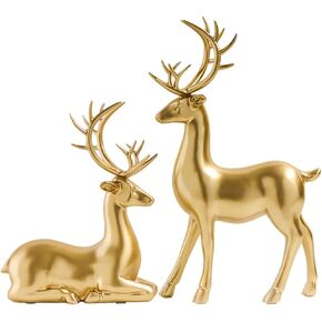 Beavorty Gold Christmas Reindeer Figurines 2pcs Resin Couple Deer Sculptures Mini Xmas Deer Statue Animal Table Centerpiece for Home Living Room Office Decor
