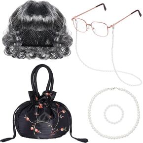6Pcs Old Lady Costume Set for Women 100 Days of School Cosplay Including Granny Wig Glasses Necklace Bracelet Bag for Halloween Dress Up Party