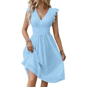 Women's Summer Sexy Eyelet Lace Embroidery Smocked Dress Flutter Sleeve A-Line Midi Long Beach Sundress
