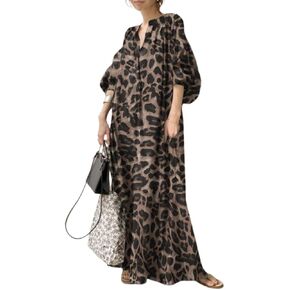 chouyatou Women Summer Casual Lantern Sleeve Floral Shift Dress Leopard Print Loose Maxi Long Shirt Dress