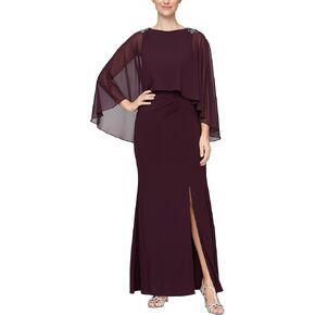 S.L. Fashions Women's Long Stretch Knit Dress with Beaded Chiffon Capelet