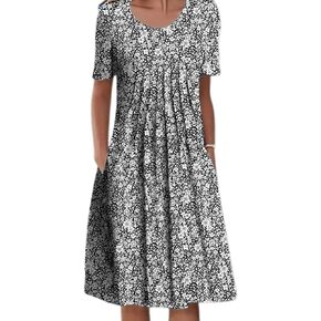 Summer Midi Dresses for Women 2024 Casual Short Sleeve Crewneck Front Pleated Swing T Shirt Dress with Pockets