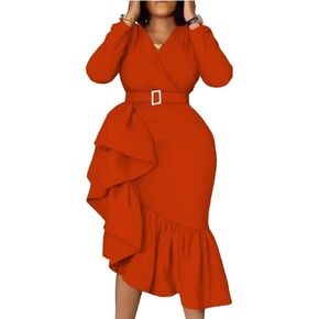 iooiooi African Long Sleeve Women's Dress Wax Printed Kitenge Design Ruffle Irregular Hemline Dress