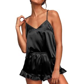 Satin Pajamas Women Sleepwear Sexy Silk Satin Ruffled Shorts Sets Soft Sleep Camisole Nightwear