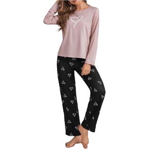 SweatyRocks Women's 2 Piece Pajama Set Heart Print Long Sleeve Tee Top and Pants Loungewear