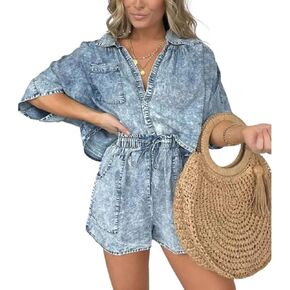 طقم ملابس للسيدات من utcoco مكون من قطعتين لقضاء العطلات الصيفية على الشاطئ وأكمام قصيرة وقميص وسروال قصير (X-Large، أزرق حمضي) in Kuwait